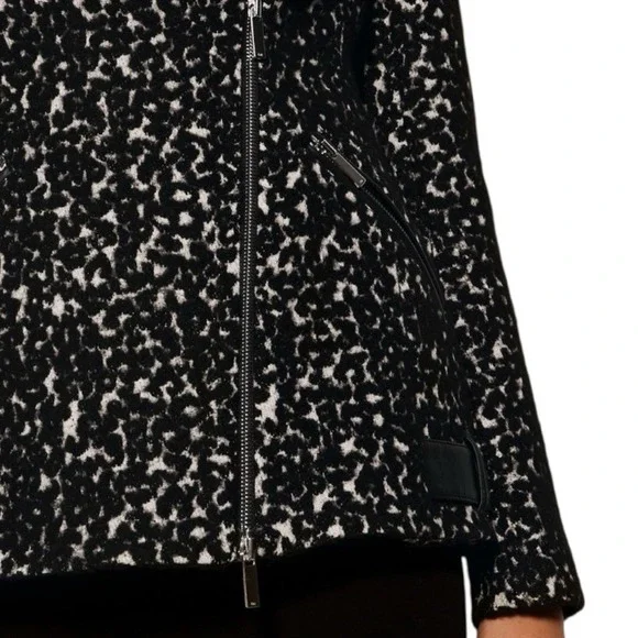Karen Millen Leopard Print Faux Fur Collar Moto Jacket Women Black White Size 10